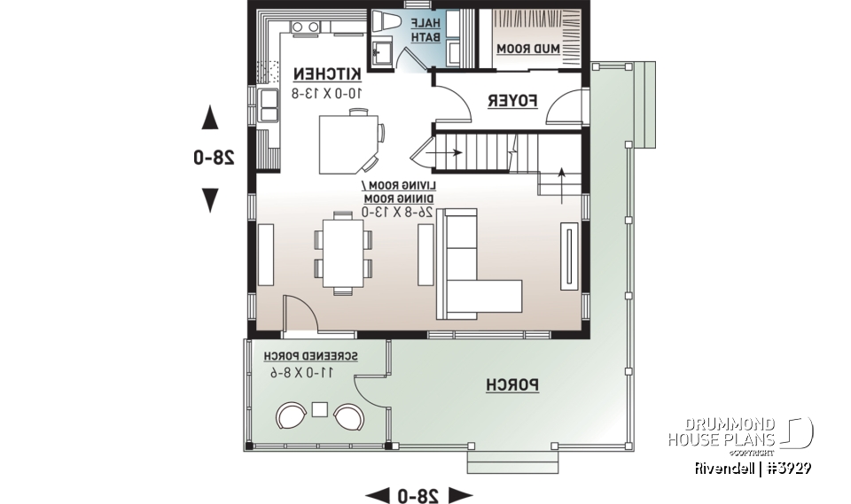 1st level - Small and affordable ski chalet or cabin house plan, 3 bedrooms, open floor plan, screened porch, mud room - Rivendell