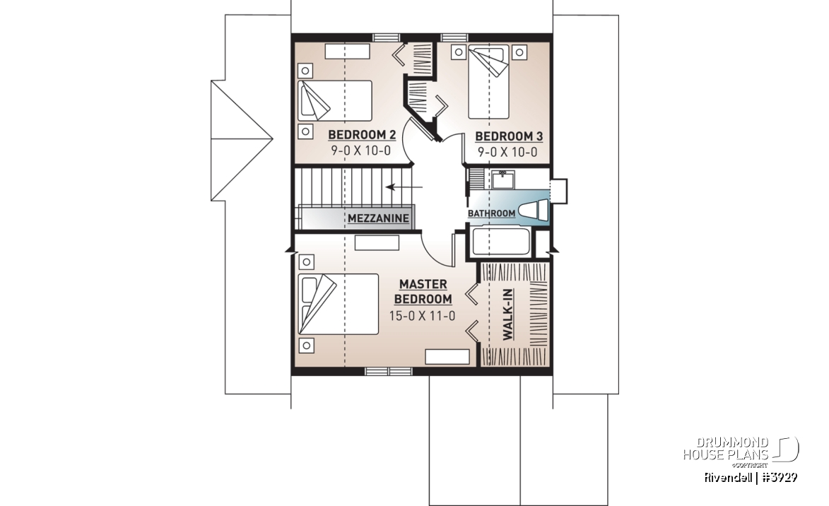 2nd level - Small and affordable ski chalet or cabin house plan, 3 bedrooms, open floor plan, screened porch, mud room - Rivendell