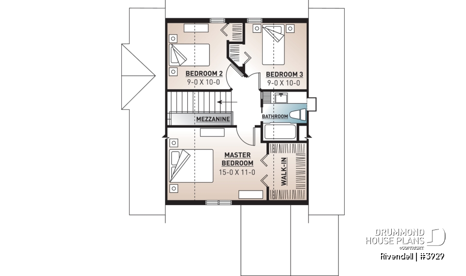 2nd level - Small and affordable ski chalet or cabin house plan, 3 bedrooms, open floor plan, screened porch, mud room - Rivendell