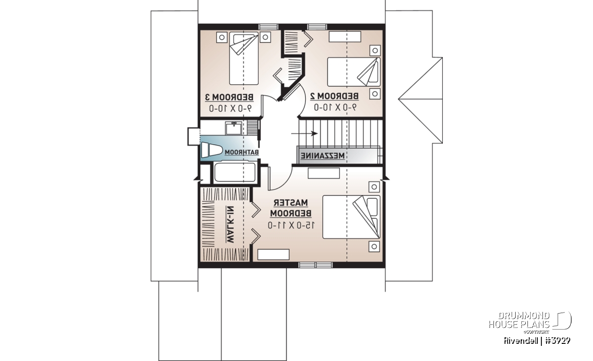 2nd level - Small and affordable ski chalet or cabin house plan, 3 bedrooms, open floor plan, screened porch, mud room - Rivendell