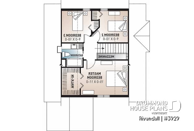 2nd level - Small and affordable ski chalet or cabin house plan, 3 bedrooms, open floor plan, screened porch, mud room - Rivendell