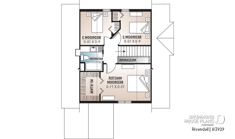 2nd level - Small and affordable ski chalet or cabin house plan, 3 bedrooms, open floor plan, screened porch, mud room - Rivendell
