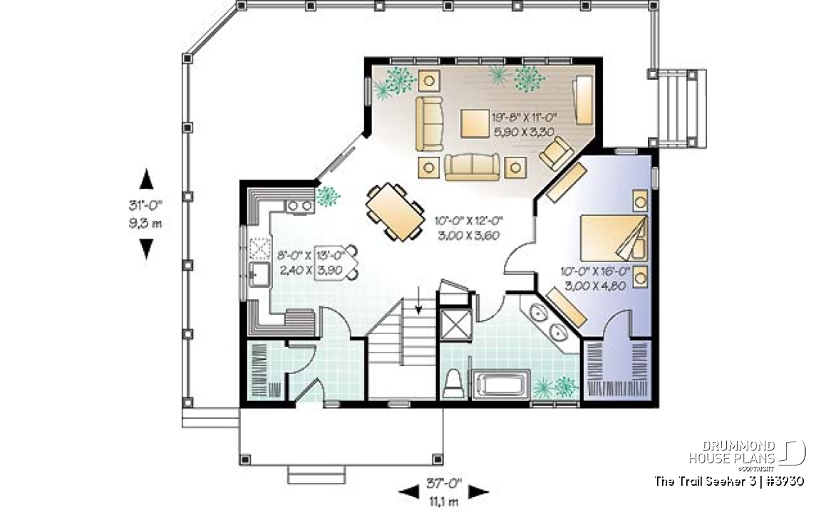 1st level - Cottage house plan, 3 bedrooms, 2 bathrooms, 2 family rooms, large covered wraparound deck - The Trail Seeker 3