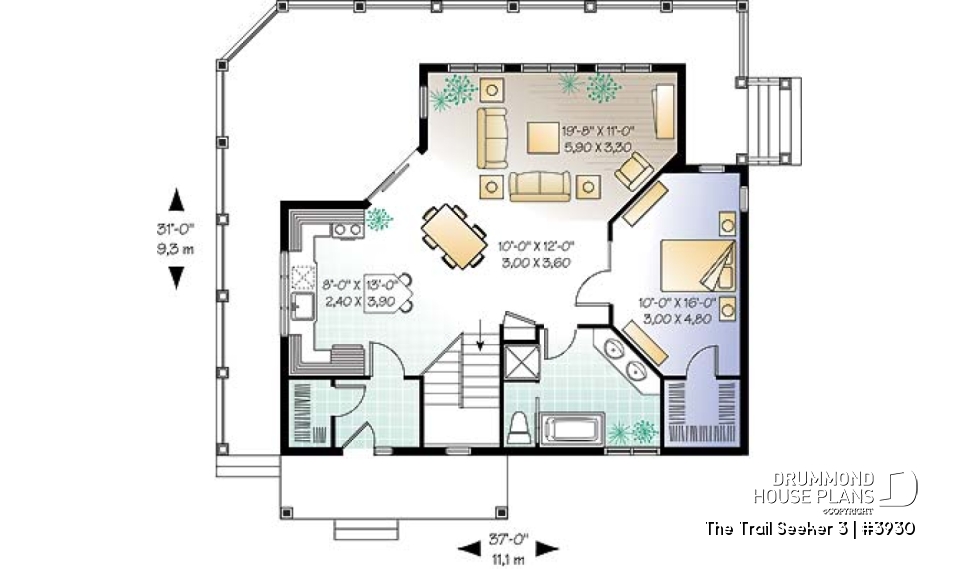 1st level - Cottage house plan, 3 bedrooms, 2 bathrooms, 2 family rooms, large covered wraparound deck - The Trail Seeker 3