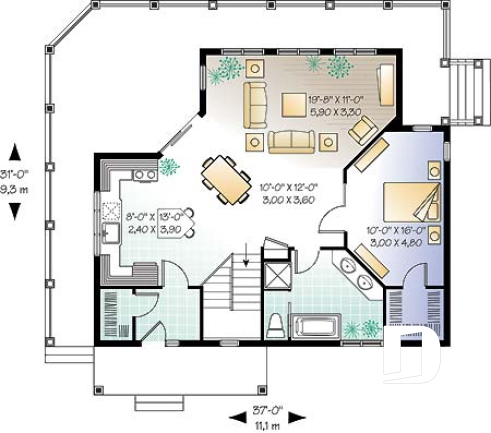 1st level - Cottage house plan, 3 bedrooms, 2 bathrooms, 2 family rooms, large covered wraparound deck - The Trail Seeker 3