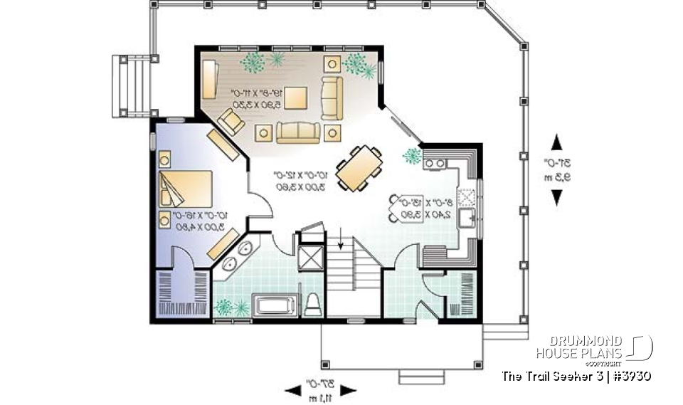 1st level - Cottage house plan, 3 bedrooms, 2 bathrooms, 2 family rooms, large covered wraparound deck - The Trail Seeker 3