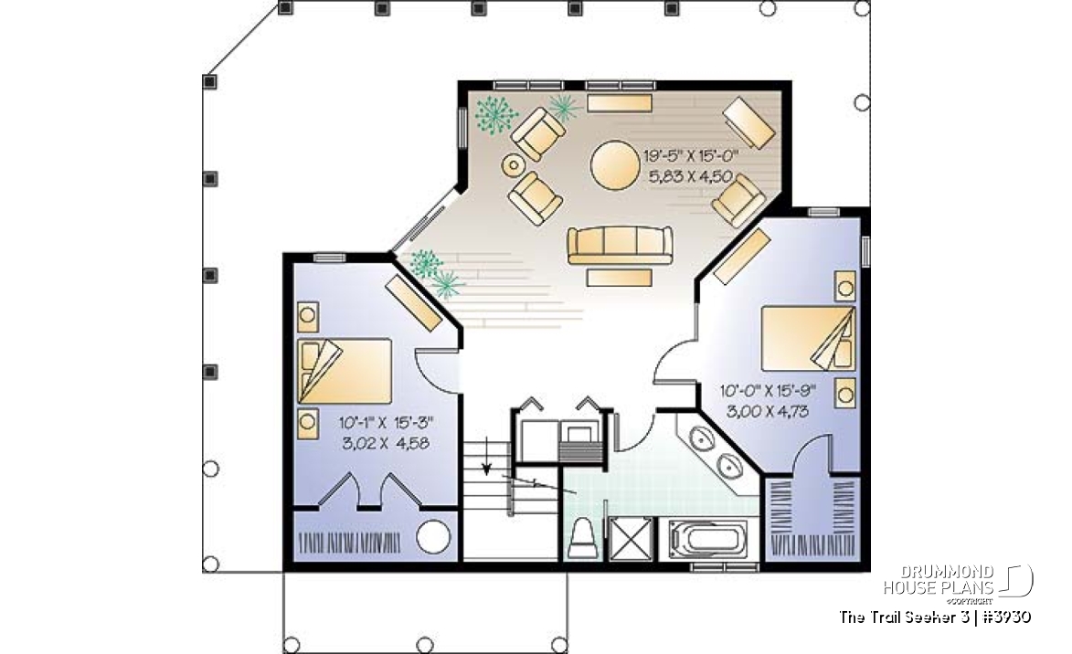 Basement - Cottage house plan, 3 bedrooms, 2 bathrooms, 2 family rooms, large covered wraparound deck - The Trail Seeker 3