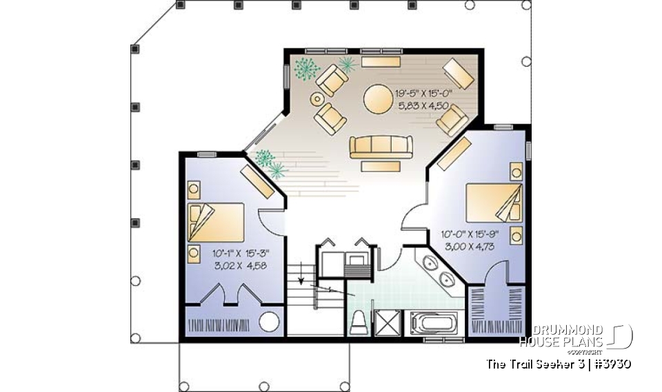 Basement - Cottage house plan, 3 bedrooms, 2 bathrooms, 2 family rooms, large covered wraparound deck - The Trail Seeker 3