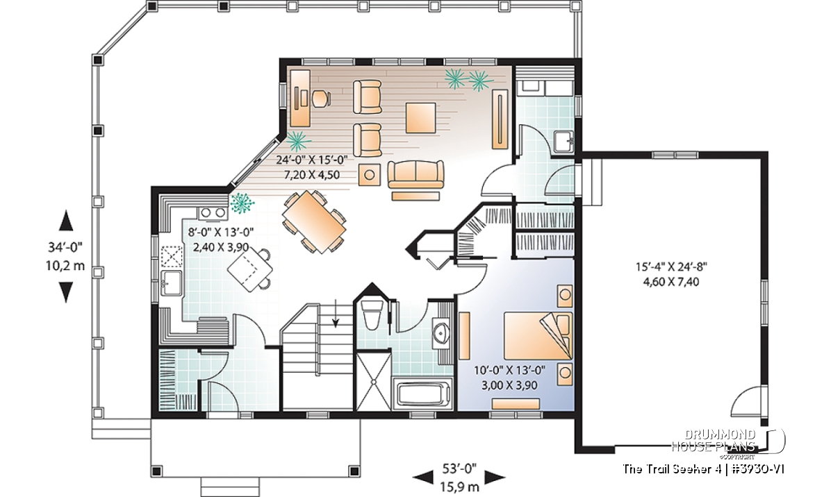 1st level - Cottage house plan, large terrace, 3 bedrooms, 2 living rooms, master suite on main level, open floor plan - The Trail Seeker 4
