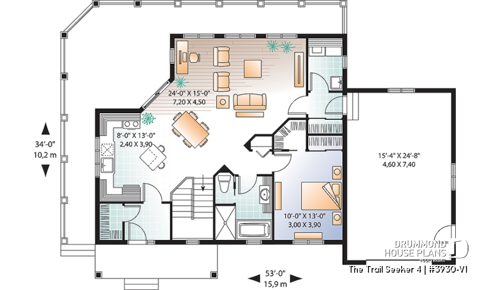 1st level - Cottage house plan, large terrace, 3 bedrooms, 2 living rooms, master suite on main level, open floor plan - The Trail Seeker 4