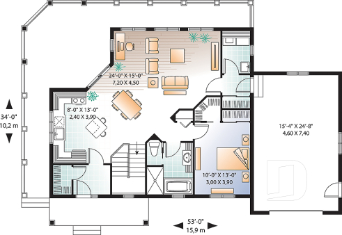 1st level - Cottage house plan, large terrace, 3 bedrooms, 2 living rooms, master suite on main level, open floor plan - The Trail Seeker 4