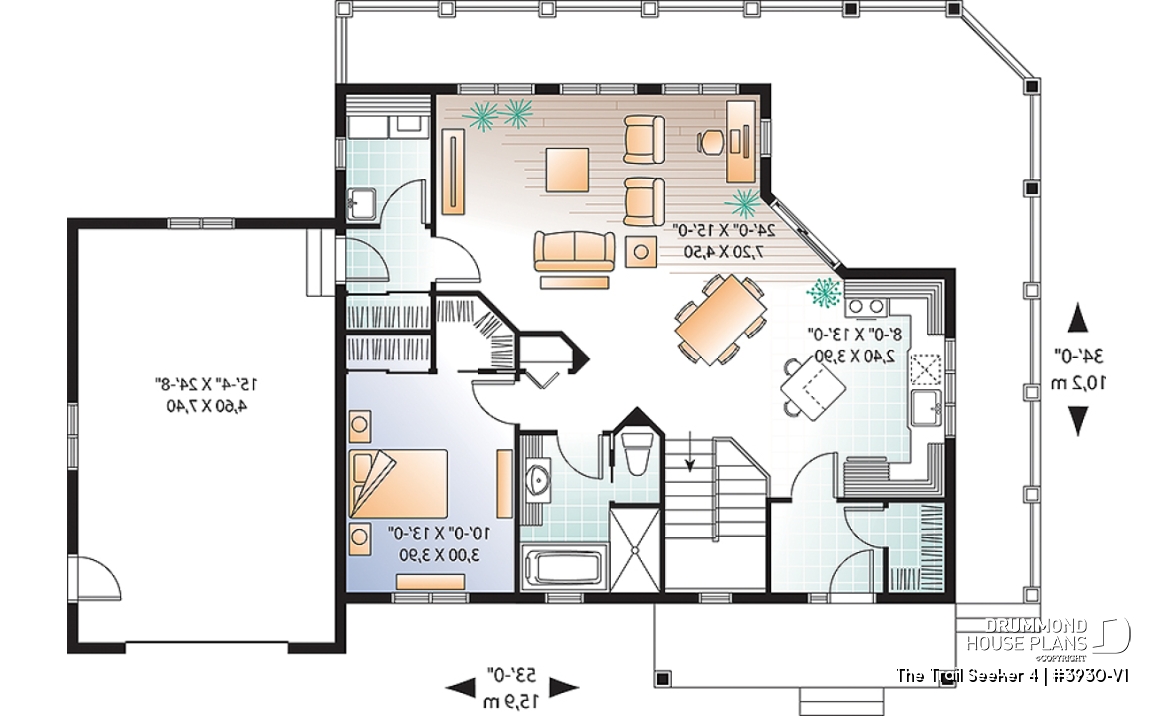 1st level - Cottage house plan, large terrace, 3 bedrooms, 2 living rooms, master suite on main level, open floor plan - The Trail Seeker 4