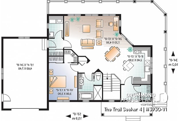 1st level - Cottage house plan, large terrace, 3 bedrooms, 2 living rooms, master suite on main level, open floor plan - The Trail Seeker 4