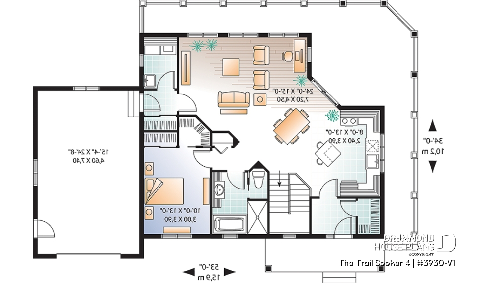 1st level - Cottage house plan, large terrace, 3 bedrooms, 2 living rooms, master suite on main level, open floor plan - The Trail Seeker 4
