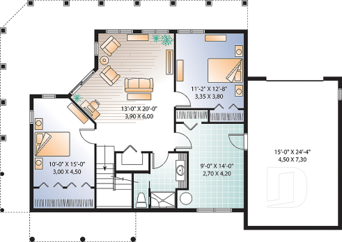 Basement - Cottage house plan, large terrace, 3 bedrooms, 2 living rooms, master suite on main level, open floor plan - The Trail Seeker 4