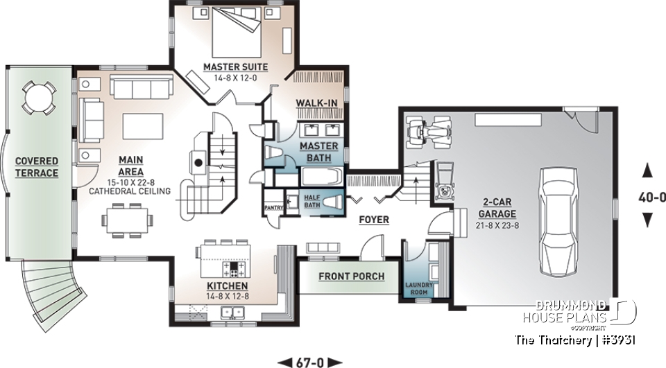 1st level - 3 bedroom cottage plan, 3.5 baths, fantastic guest suite above 2-car garage,  - The Thatchery