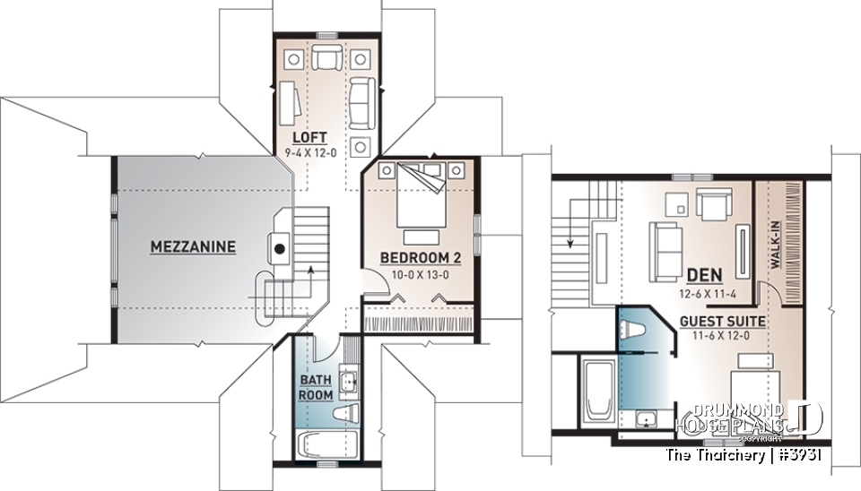 2nd level - 3 bedroom cottage plan, 3.5 baths, fantastic guest suite above 2-car garage,  - The Thatchery