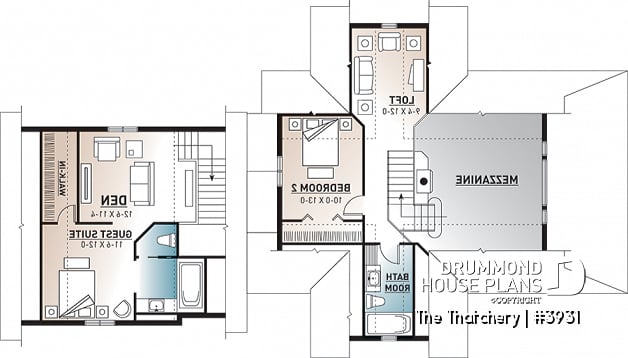 2nd level - 3 bedroom cottage plan, 3.5 baths, fantastic guest suite above 2-car garage,  - The Thatchery
