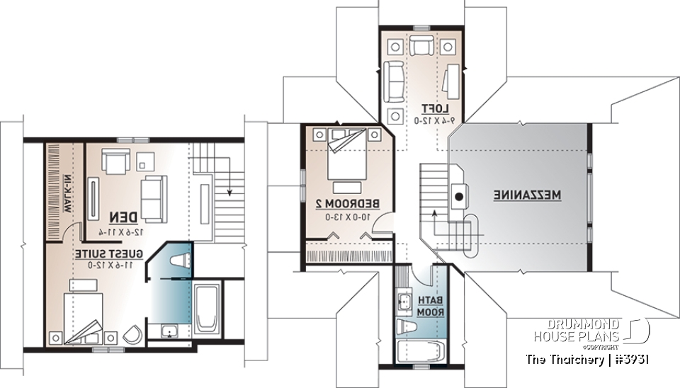 2nd level - 3 bedroom cottage plan, 3.5 baths, fantastic guest suite above 2-car garage,  - The Thatchery