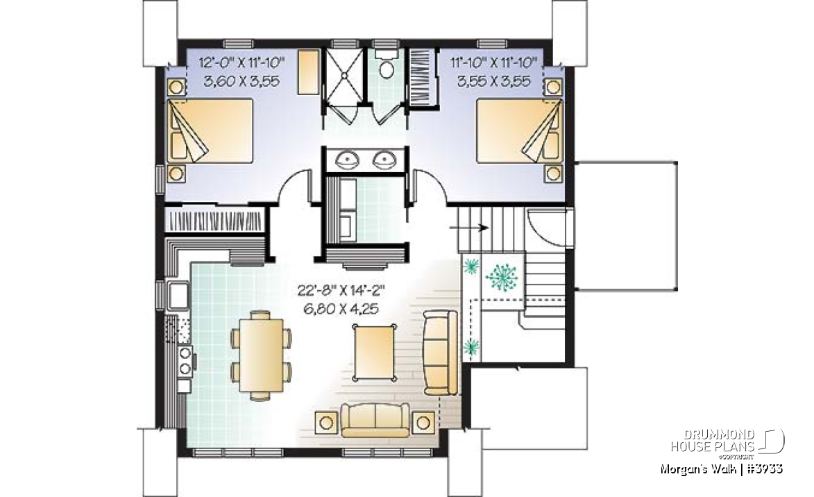 2nd level - Large two-car garage apartment house plan with 2 bedrooms, open floor plan and balcony, laundry room - Morgan's Walk