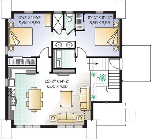 2nd level - Large two-car garage apartment house plan with 2 bedrooms, open floor plan and balcony, laundry room - Morgan's Walk