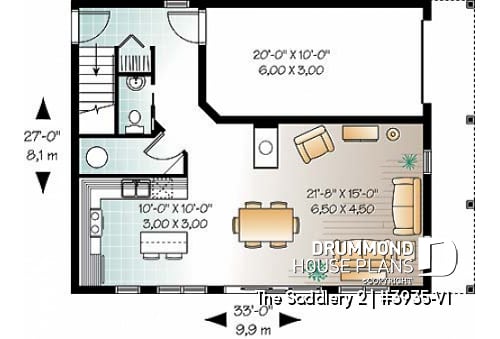 1st level - Lovely compact country cottage house plan, lots of natural lights, open floor plan, 3 bedrooms, 3 bathrooms - The Saddlery 2