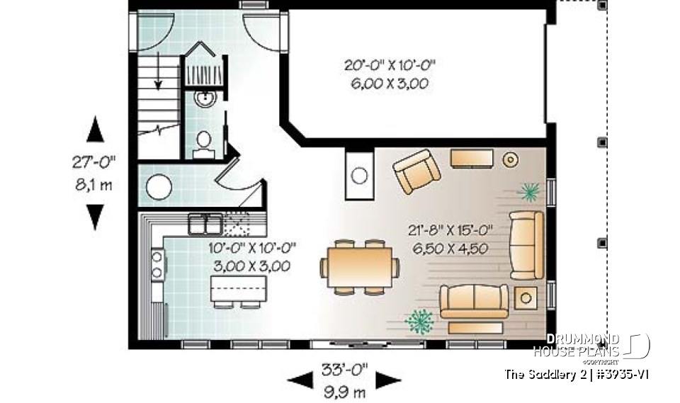 1st level - Lovely compact country cottage house plan, lots of natural lights, open floor plan, 3 bedrooms, 3 bathrooms - The Saddlery 2