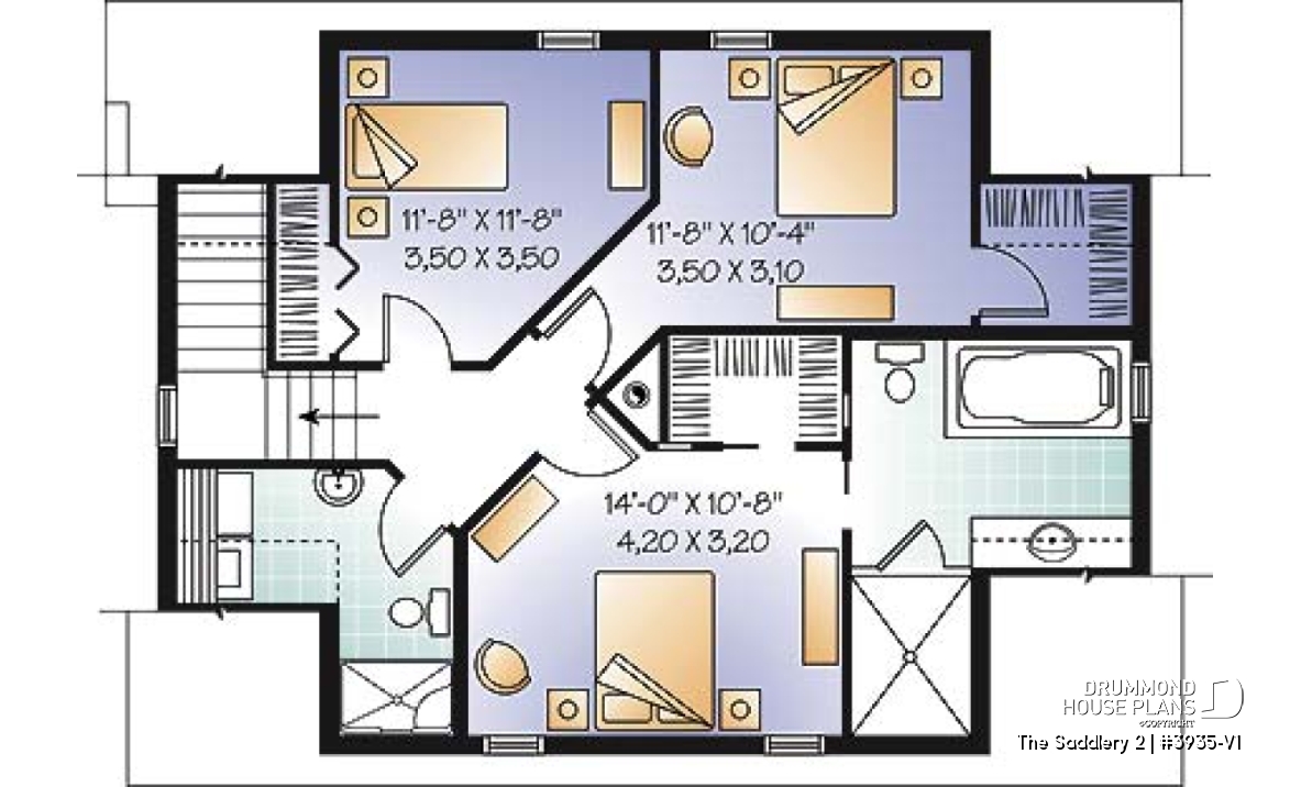 2nd level - Lovely compact country cottage house plan, lots of natural lights, open floor plan, 3 bedrooms, 3 bathrooms - The Saddlery 2