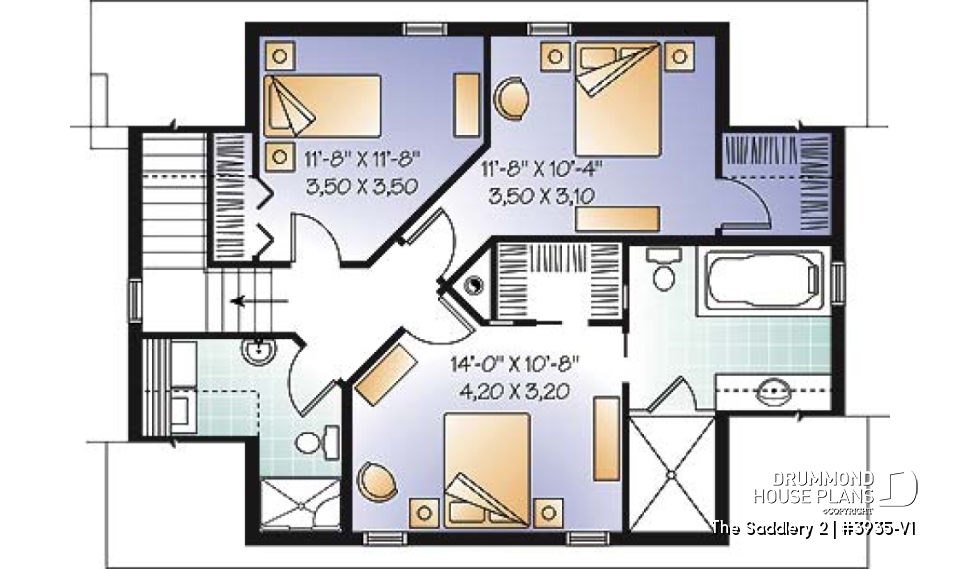 2nd level - Lovely compact country cottage house plan, lots of natural lights, open floor plan, 3 bedrooms, 3 bathrooms - The Saddlery 2
