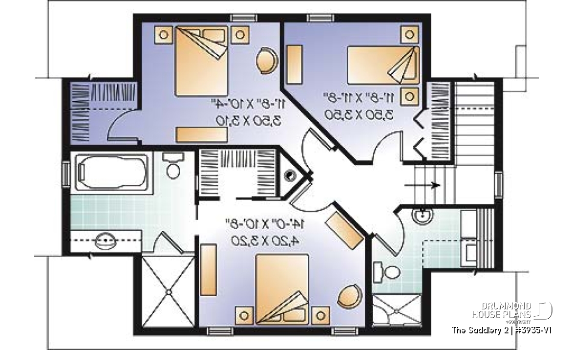 2nd level - Lovely compact country cottage house plan, lots of natural lights, open floor plan, 3 bedrooms, 3 bathrooms - The Saddlery 2