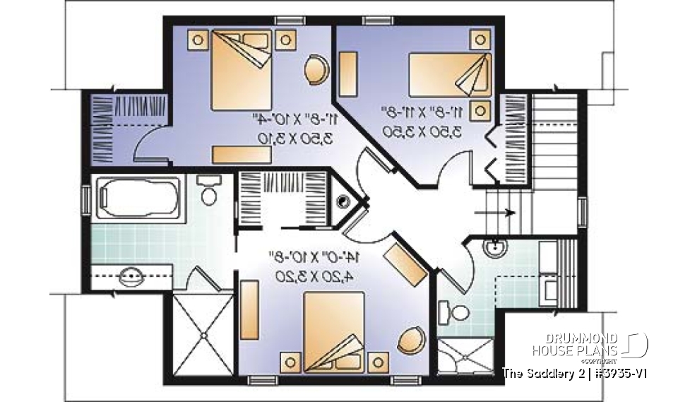 2nd level - Lovely compact country cottage house plan, lots of natural lights, open floor plan, 3 bedrooms, 3 bathrooms - The Saddlery 2
