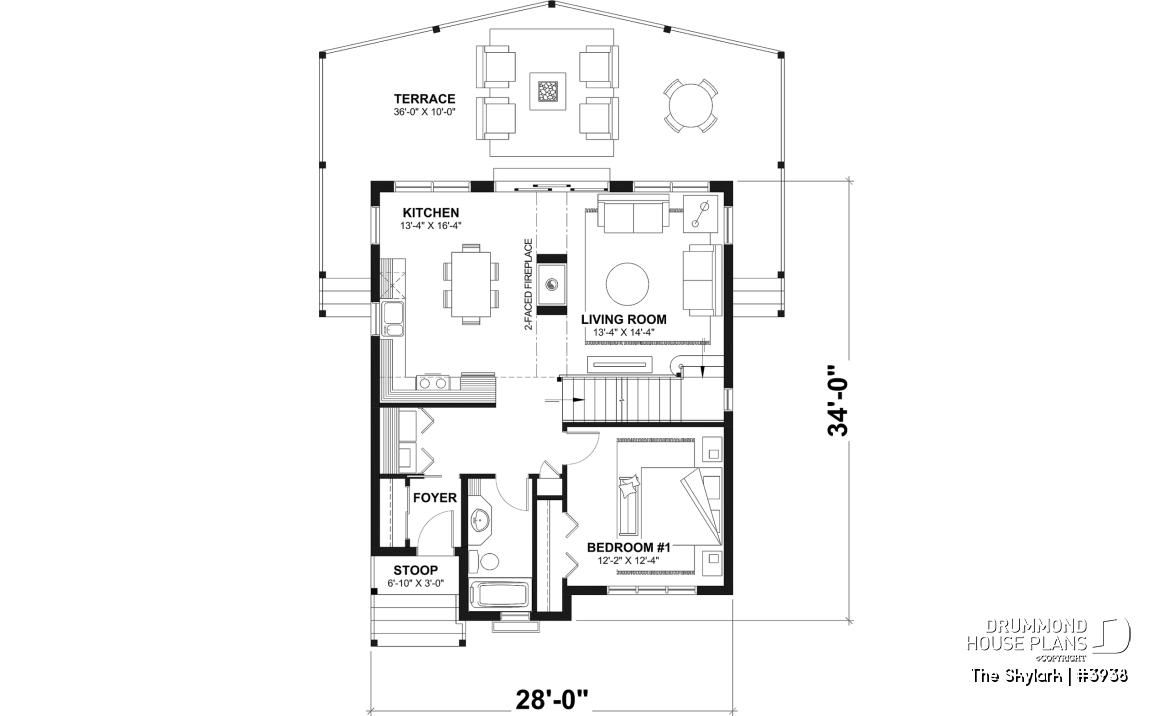 1st level - A-Frame cabin house plan with 3 beds, 2 baths, mezzanine and open floor plan layout - The Skylark