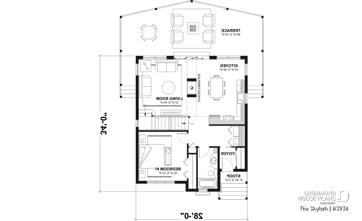 1st level - A-Frame cabin house plan with 3 beds, 2 baths, mezzanine and open floor plan layout - The Skylark