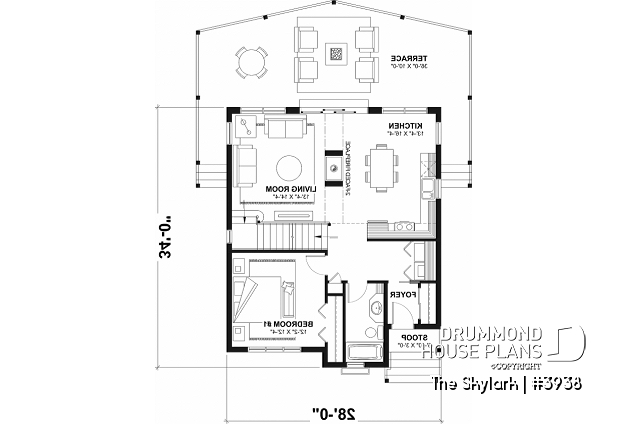 1st level - A-Frame wood cabin house plan with 3 beds, 2 baths, mezzanine and open floor plan layout - The Skylark