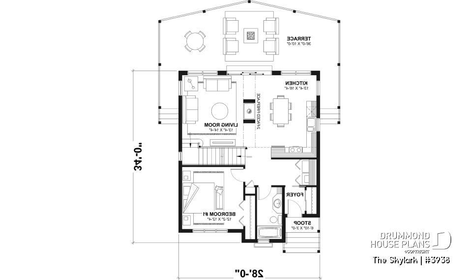 1st level - A-Frame cabin house plan with 3 beds, 2 baths, mezzanine and open floor plan layout - The Skylark