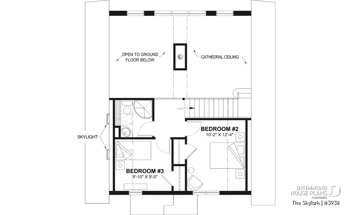 2nd level - A-Frame cabin house plan with 3 beds, 2 baths, mezzanine and open floor plan layout - The Skylark