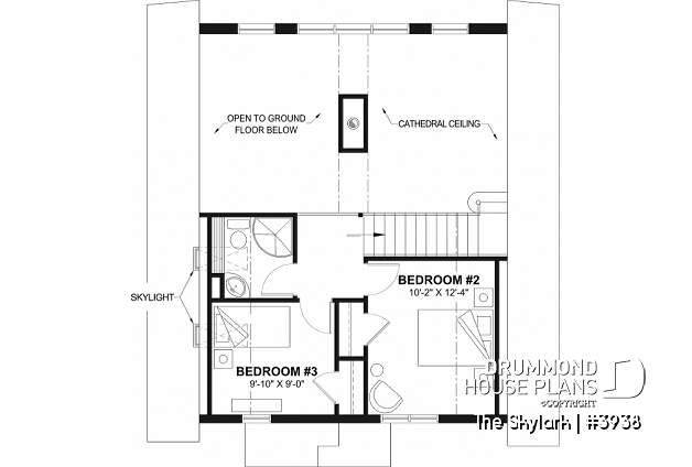 2nd level - A-Frame wood cabin house plan with 3 beds, 2 baths, mezzanine and open floor plan layout - The Skylark