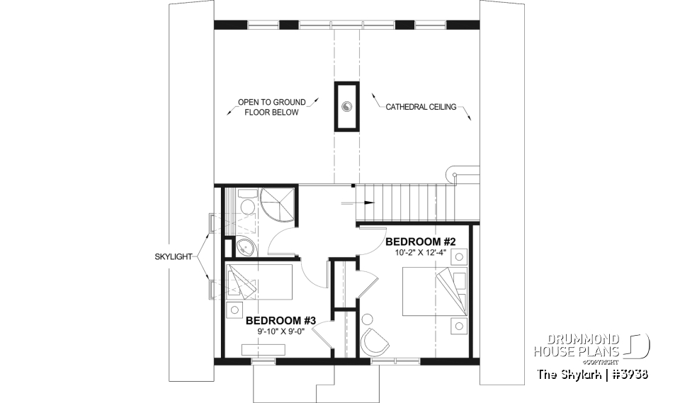 2nd level - A-Frame cabin house plan with 3 beds, 2 baths, mezzanine and open floor plan layout - The Skylark
