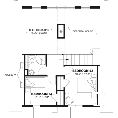 2nd level - A-Frame cabin house plan with 3 beds, 2 baths, mezzanine and open floor plan layout - The Skylark