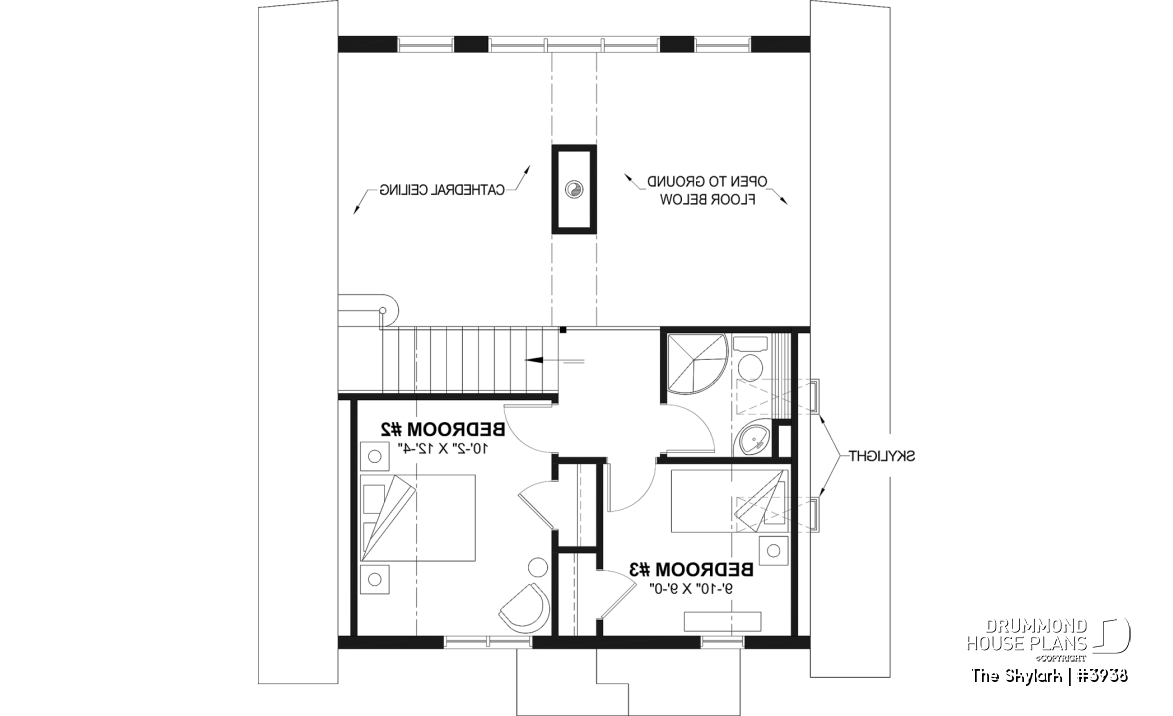 2nd level - A-Frame cabin house plan with 3 beds, 2 baths, mezzanine and open floor plan layout - The Skylark