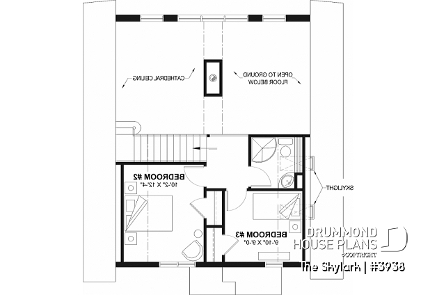 2nd level - A-Frame wood cabin house plan with 3 beds, 2 baths, mezzanine and open floor plan layout - The Skylark