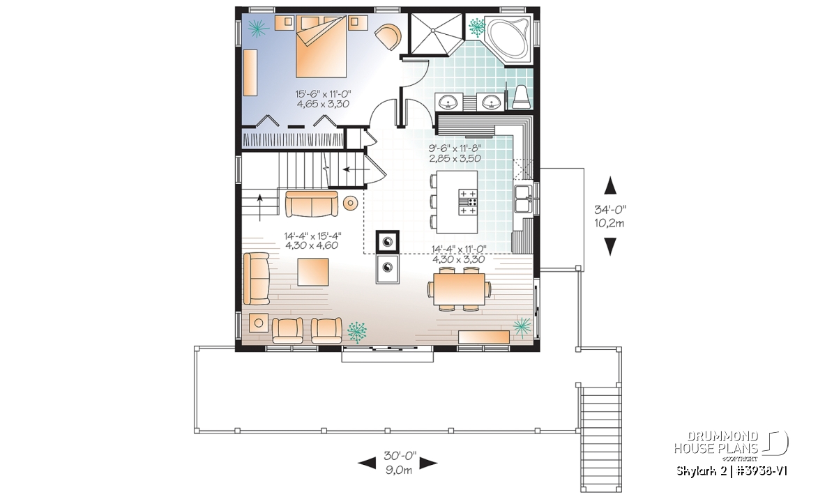 1st level - 3 to 5 bedroom Rustic A-Frame house plan, open living dining, fireplace, mezzanine &amp; large terrace - Skylark 2