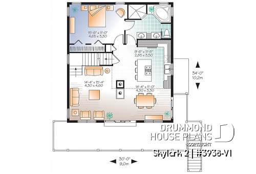 1st level - 3 to 5 bedroom Rustic A-Frame house plan, open living dining, fireplace, mezzanine & large terrace - Skylark 2