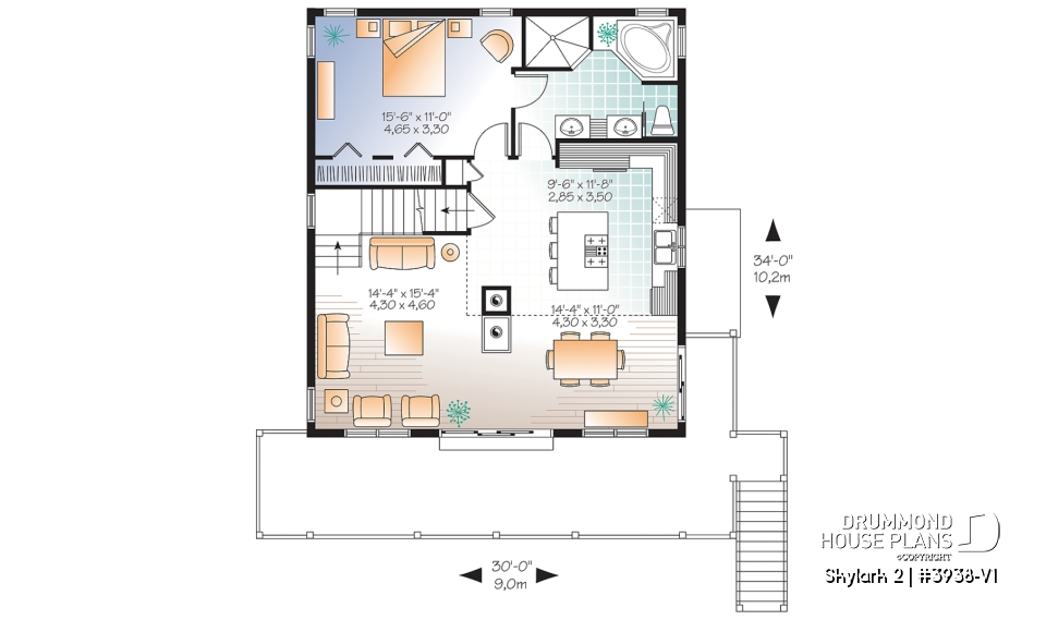 1st level - 3 to 5 bedroom Rustic A-Frame house plan, open living dining, fireplace, mezzanine &amp; large terrace - Skylark 2