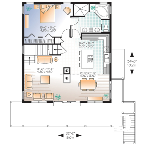 1st level - 3 to 5 bedroom Rustic A-Frame house plan, open living dining, fireplace, mezzanine & large terrace - Skylark 2