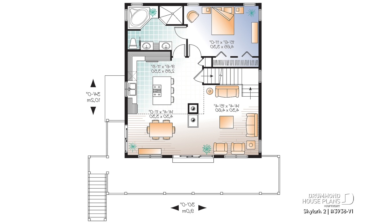 1st level - 3 to 5 bedroom Rustic A-Frame house plan, open living dining, fireplace, mezzanine &amp; large terrace - Skylark 2