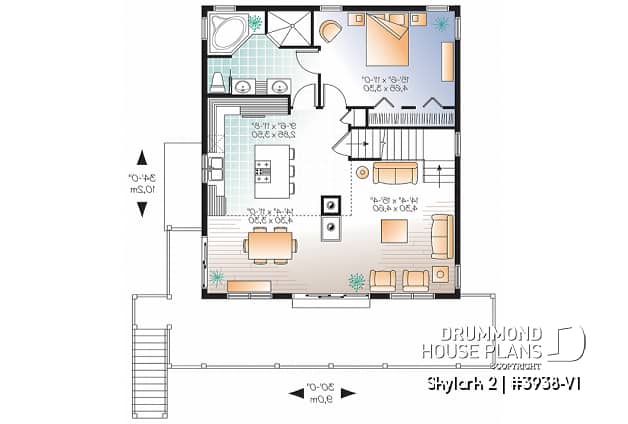 1st level - 3 to 5 bedroom Rustic A-Frame house plan, open living dining, fireplace, mezzanine & large terrace - Skylark 2