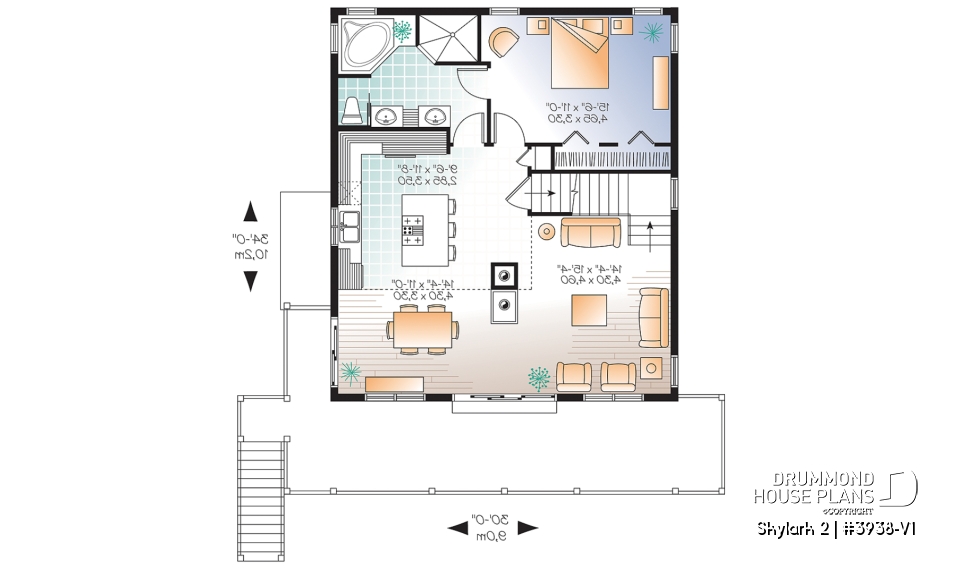 1st level - 3 to 5 bedroom Rustic A-Frame house plan, open living dining, fireplace, mezzanine &amp; large terrace - Skylark 2