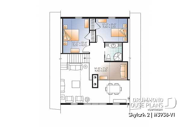 2nd level - 3 to 5 bedroom Rustic A-Frame house plan, open living dining, fireplace, mezzanine & large terrace - Skylark 2