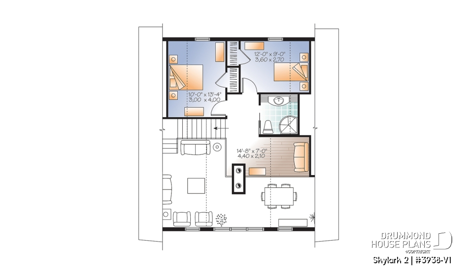 2nd level - 3 to 5 bedroom Rustic A-Frame house plan, open living dining, fireplace, mezzanine &amp; large terrace - Skylark 2
